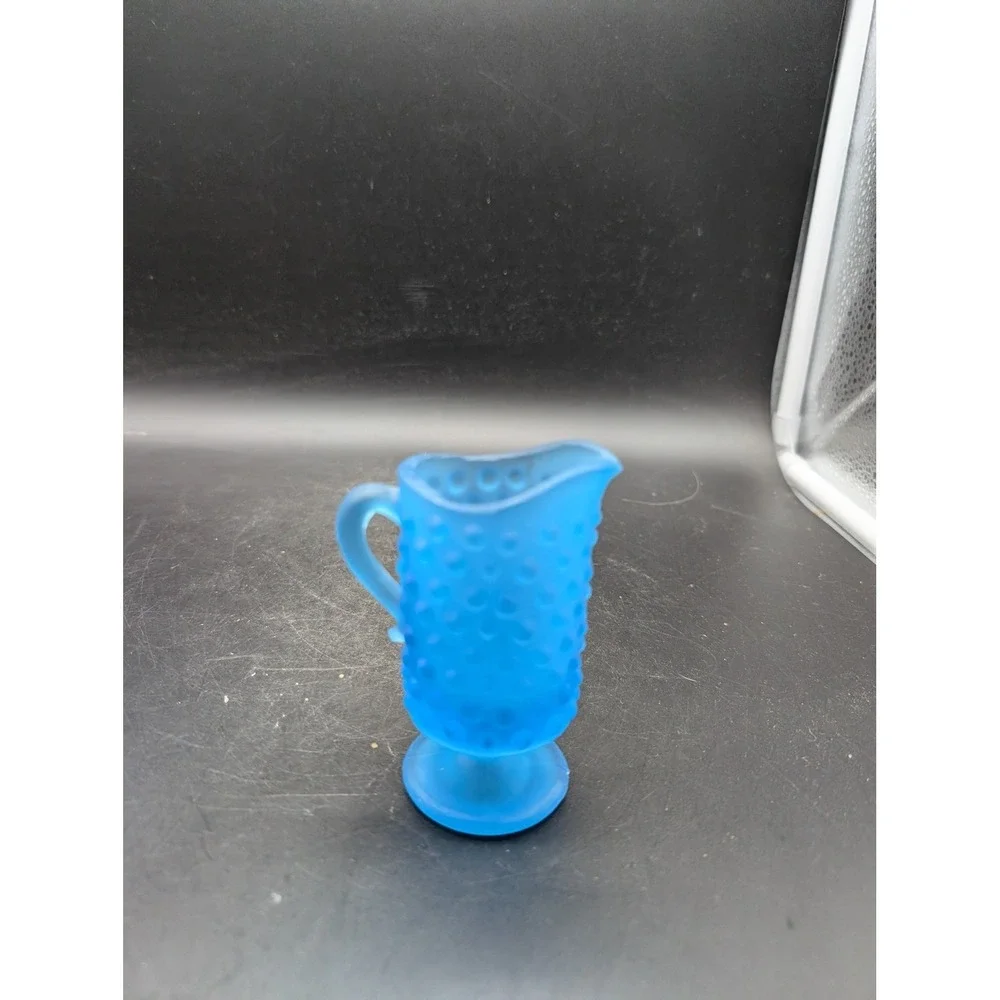 Blue Satin‎ Hobnail Glass Pitcher Creamer Footed Frosted Mid Century Modern 3